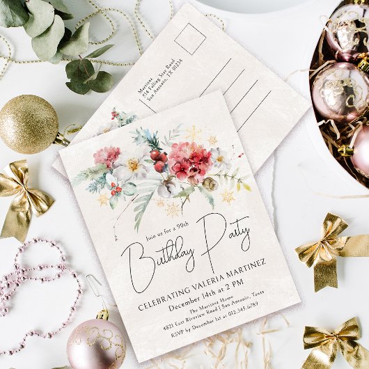 Invitation Carte Postale Fleurs d'aquarelle d'hiver 90e fête d'anniversaire