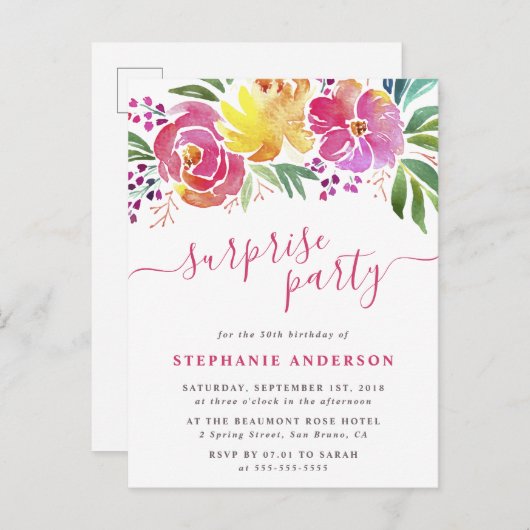 Invitation Carte Postale Fleurs d'aquarelle manuscrite Surprise Party (Devant / Derrière)