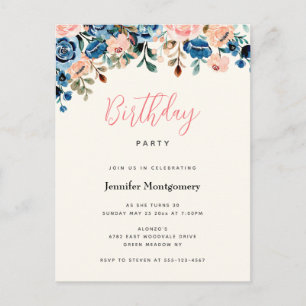 Invitation Carte Postale Fleurs d'aquarelle rose et bleu Anniversaire