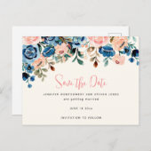 Invitation Carte Postale Fleurs d'aquarelle rose et bleu Enregistrer la dat (Devant / Derrière)