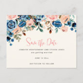 Invitation Carte Postale Fleurs d'aquarelle rose et bleu Enregistrer la dat (Devant)
