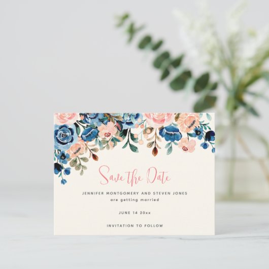 Invitation Carte Postale Fleurs d'aquarelle rose et bleu Enregistrer la dat (Debout devant)