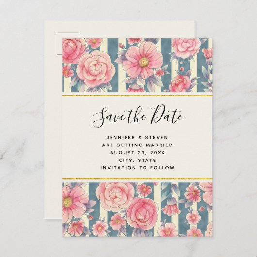 Invitation Carte Postale Fleurs d'aquarelle rose Mariage Enregistrer la dat (Devant / Derrière)