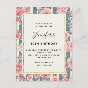Invitation Carte Postale Fleurs d'aquarelle rose sur rayures Anniversaire