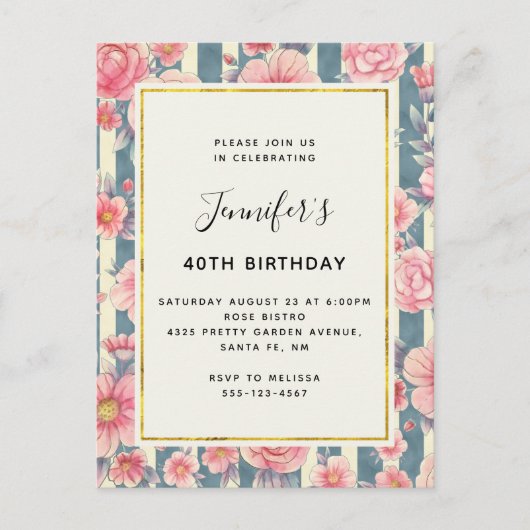 Invitation Carte Postale Fleurs d'aquarelle rose sur rayures Anniversaire (Devant)