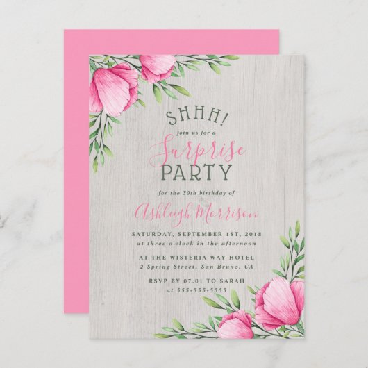 Invitation Carte Postale Fleurs d'aquarelle rustiques et bois | Parti surpr (Devant / Derrière)