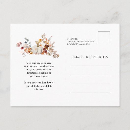 Invitation Carte Postale Fleurs d'automne Citrouille blanc 30e fête d'anniv (Dos)