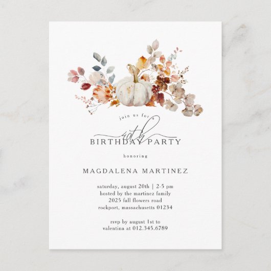 Invitation Carte Postale Fleurs d'automne du Citrouille blanc 40e anniversa (Devant)