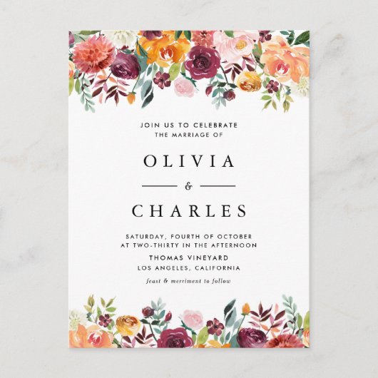Invitation Carte Postale Fleurs d'automne Garland QR Code Mariage de automn (Devant)