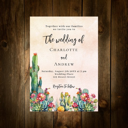 Invitation Carte Postale Fleurs de cactus mariage d'or rustique rose