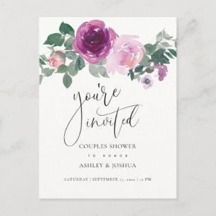 Invitation Carte Postale Fleurs de Magenta sur fond ivoire pour mariage de