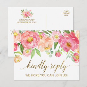 Invitation Carte Postale Fleurs de Pêche et de Pivoine Rose RSVP