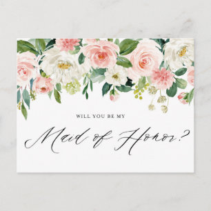 Invitation Carte Postale Fleurs de pêcher rose aquarelle, sois ma demoisell