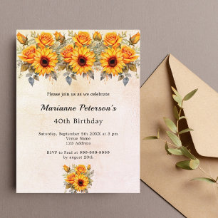 Invitation Carte Postale Fleurs de soleil d'anniversaire verdure rustique j