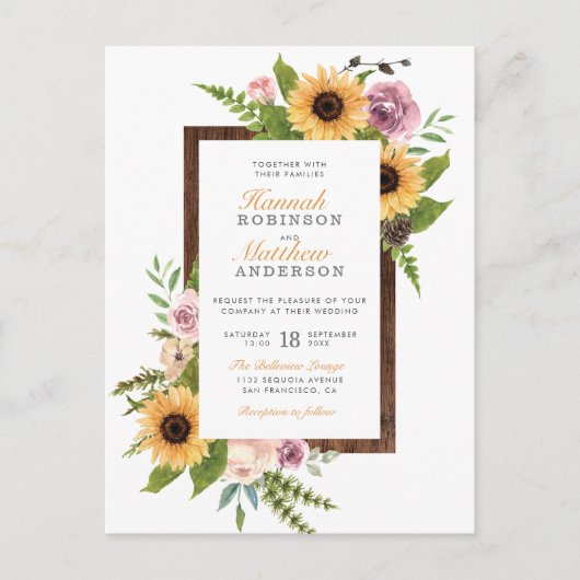 Invitation Carte Postale Fleurs de soleil et Rose | Mariage campagnard en b (Devant)