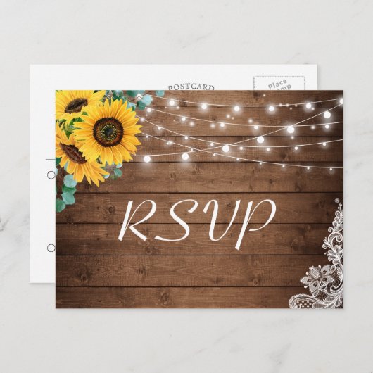 Invitation Carte Postale Fleurs de soleil rustiques éclat dentelle mariage  (Devant / Derrière)