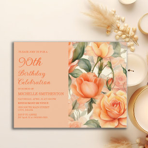 Invitation Carte Postale Fleurs élégantes de pêche orange Roses 90e anniver