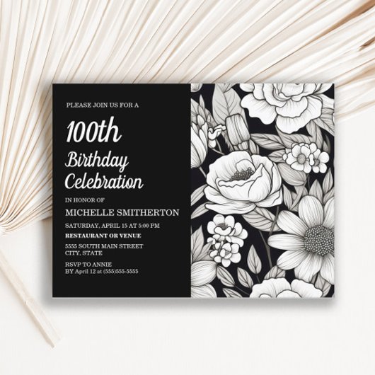 Invitation Carte Postale Fleurs Noir Blanc 100e Anniversaire Femmes