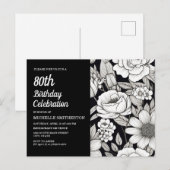 Invitation Carte Postale Fleurs Noir Blanc 80e Anniversaire (Devant / Derrière)