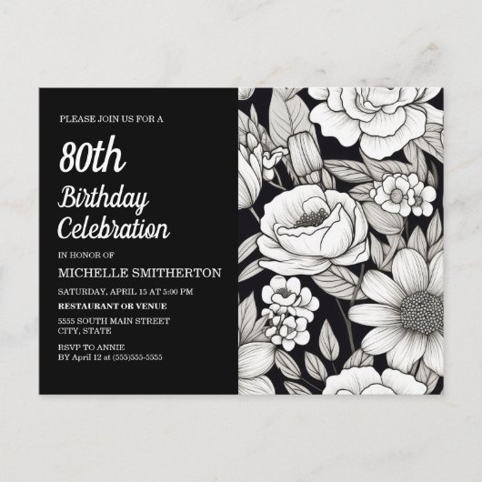 Invitation Carte Postale Fleurs Noir Blanc 80e Anniversaire (Devant)