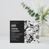 Invitation Carte Postale Fleurs Noir Blanc 80e Anniversaire (Debout devant)