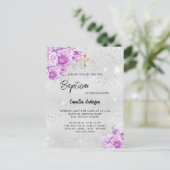 Invitation Carte Postale Fleurs rose argent fille Baptême (Debout devant)