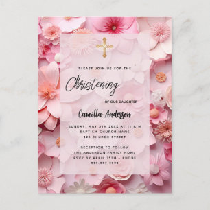 Invitation Carte Postale Fleurs rose pâle, chéri petite fille
