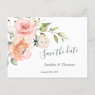 Invitation Carte Postale Fleurs roses à chair rose, Enregistrer la date