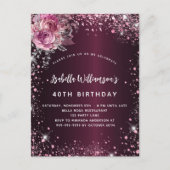 Invitation Carte Postale Fleurs roses bordeaux d'anniversaire parties scint (Devant)
