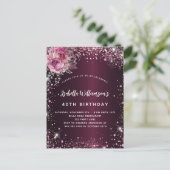 Invitation Carte Postale Fleurs roses bordeaux d'anniversaire parties scint (Debout devant)