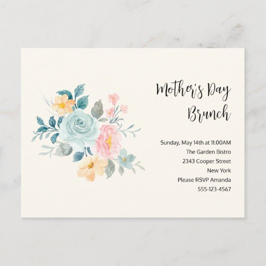 Invitation Carte Postale Fleurs roses et bleues élégantes - Brunch de la fê (Devant)