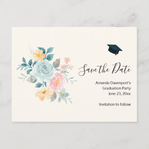 Invitation Carte Postale Fleurs roses et bleues élégantes - Grad Enregistre