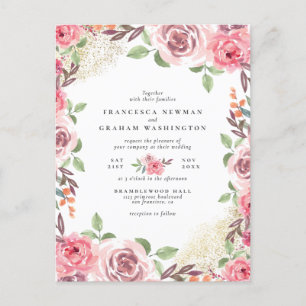 Invitation Carte Postale Fleurs roses et Mariage botanique de poussière dor