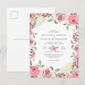 Invitation Carte Postale Fleurs roses et Mariage botanique de poussière dor (Devant / Derrière)