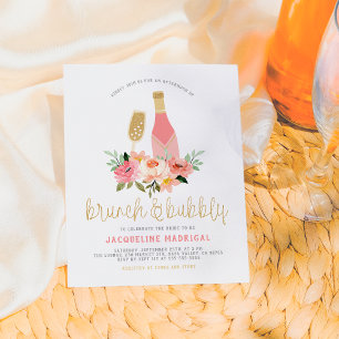 Invitation Carte Postale Fleurs roses modernes & Parties scintillant or Bru