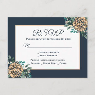Invitation Carte Postale Fleurs RSVP Bleu Nuit Pêche Fleur de Paon Mariage