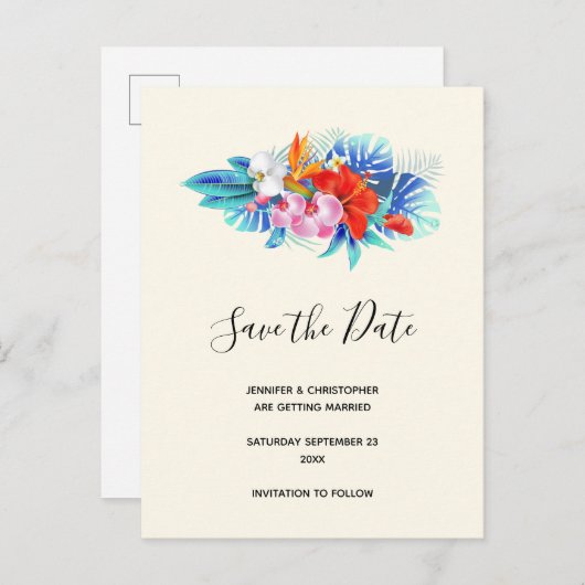 Invitation Carte Postale Fleurs tropicales - Rose & Aqua Enregistrer la dat (Devant / Derrière)