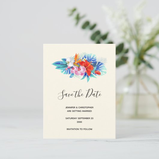 Invitation Carte Postale Fleurs tropicales - Rose & Aqua Enregistrer la dat (Debout devant)
