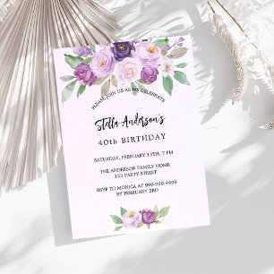 Invitation Carte Postale Fleurs violettes anniversaire vert