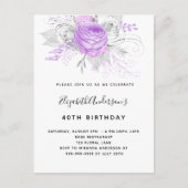 Invitation Carte Postale Fleurs violettes pour anniversaire élégant argent (Devant)