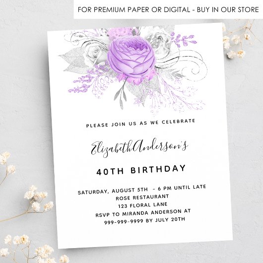 Invitation Carte Postale Fleurs violettes pour anniversaire élégant argent