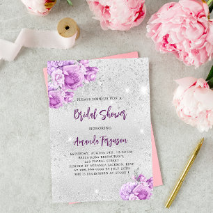 Invitation Carte Postale Fleurs violettes roses argentées Baby Shower