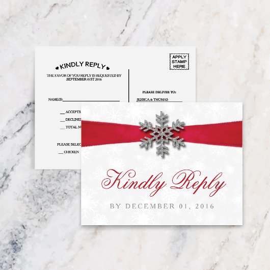Invitation Carte Postale Flocon de neige de Diamante et mariage rouge
