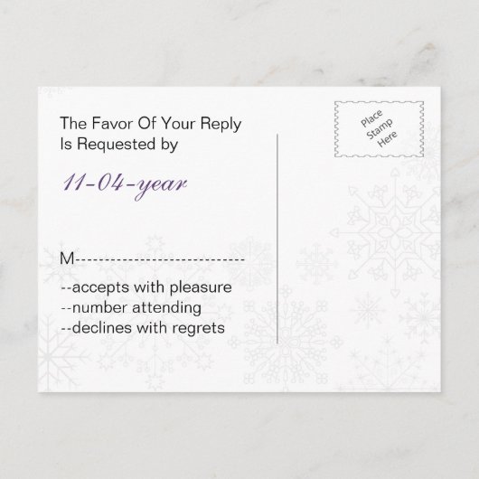 Invitation Carte Postale flocon de neige gris pourpre mod mariage d'hiver r (Dos)