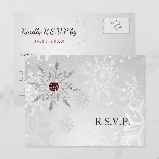 Invitation Carte Postale flocon rouge argent hiver mariage rsvp invitati (Devant / Derrière)