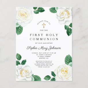 Invitation Carte Postale Floral Blanc Aquarelle Rose Fille Première Communi