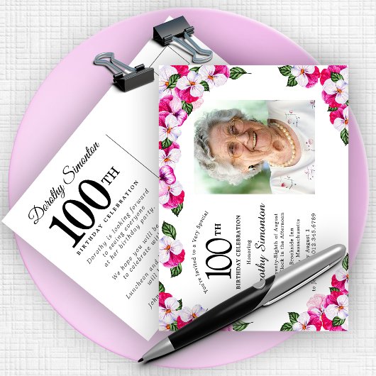 Invitation Carte Postale Floral blanc rose 100e anniversaire