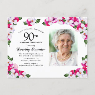 Invitation Carte Postale Floral blanc rose 90e anniversaire