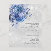 Invitation Carte Postale Floral bleu argenté code QR RSVP détails mariage (Devant)