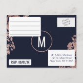 Invitation Carte Postale Floral bleu marine et Rose or RSVP (Dos)